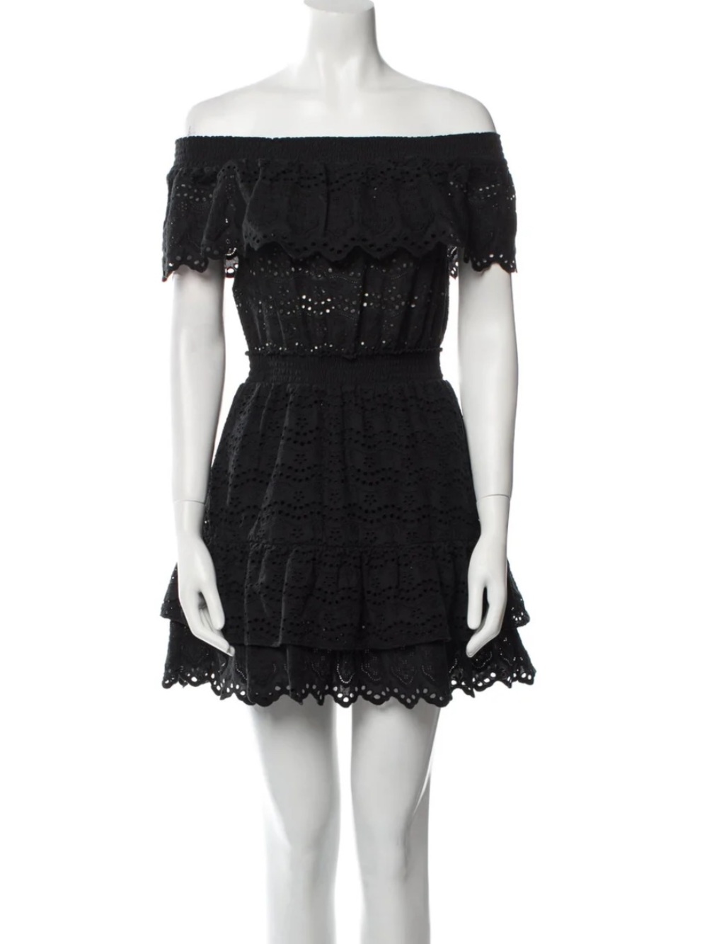 LoveShackFancy Black Off-Shoulder Eyelet Mini Dress